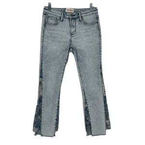 Driftwood Indie Light Wash Embroidered Flare Crop Jeans Fringe‎ Hem 26/2 Boho